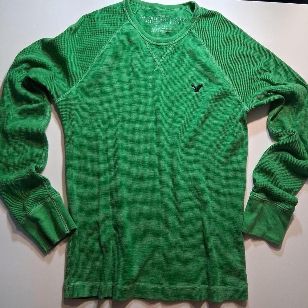 Mens 2000s green long sleeve thermal shirt crazy green navy logo preppy skater